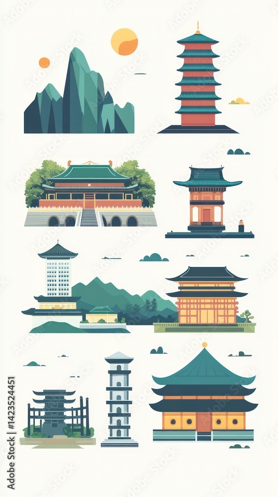 Colorful asian architectural structures, a collection of traditional buildings. Colorful asian architectural structures, a collection of traditional buildings.