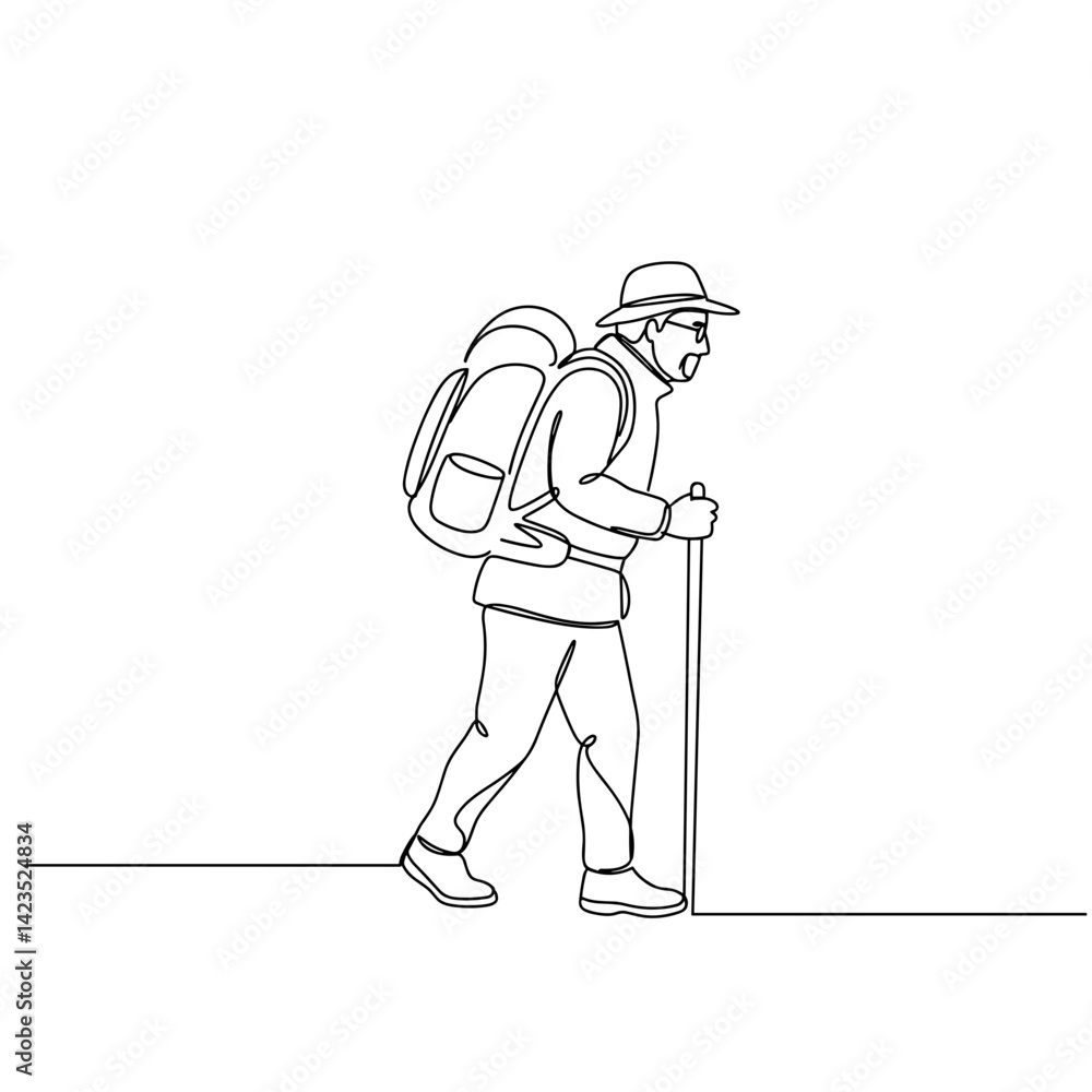 Fototapeta premium Solo hiker trekking with backpack in minimalist line art 