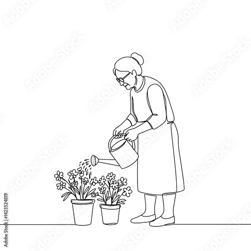 Elderly woman watering flowers in pots against a simple background  