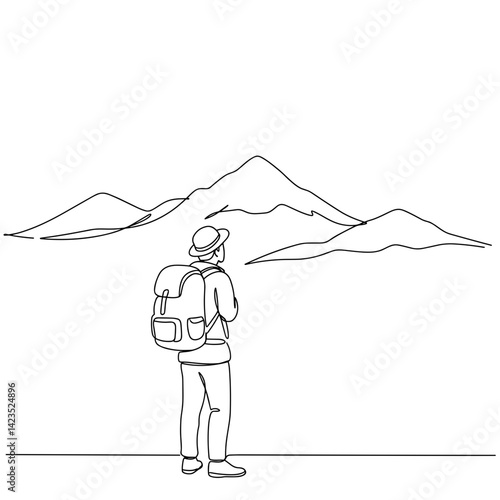 Person admiring mountains in a minimalist style  
