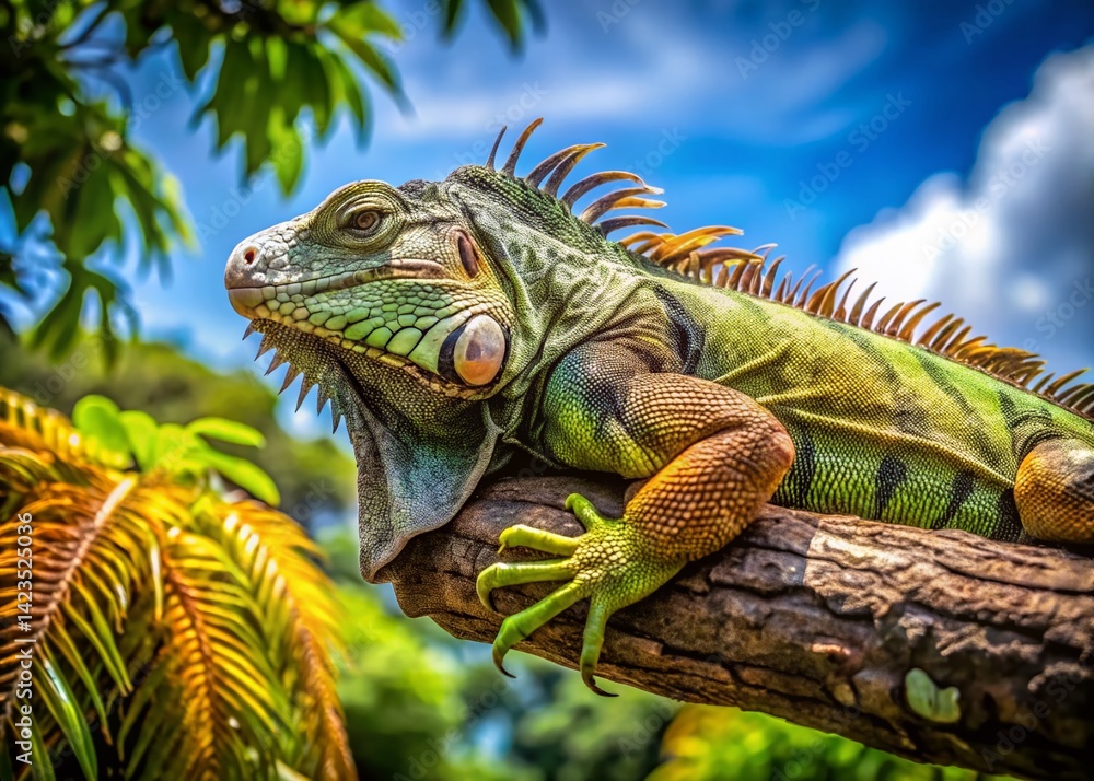 Sleeping Iguana in Colombian Jungle Canopy - High Angle View Sleeping Iguana in Colombian Jungle Canopy - High Angle View