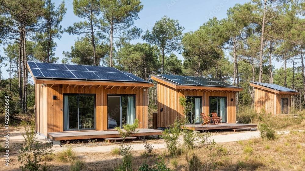 Rooftop solar panels on tiny eco cabins in a forest clearing Rooftop solar panels on tiny eco cabins in a forest clearing