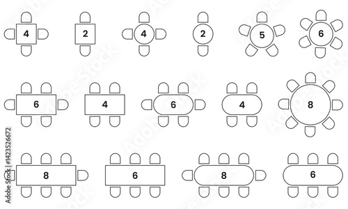 seat plan, chairs and tables symbol, scheme architectural plan for office, home, restaurant, customizable stroke, vector