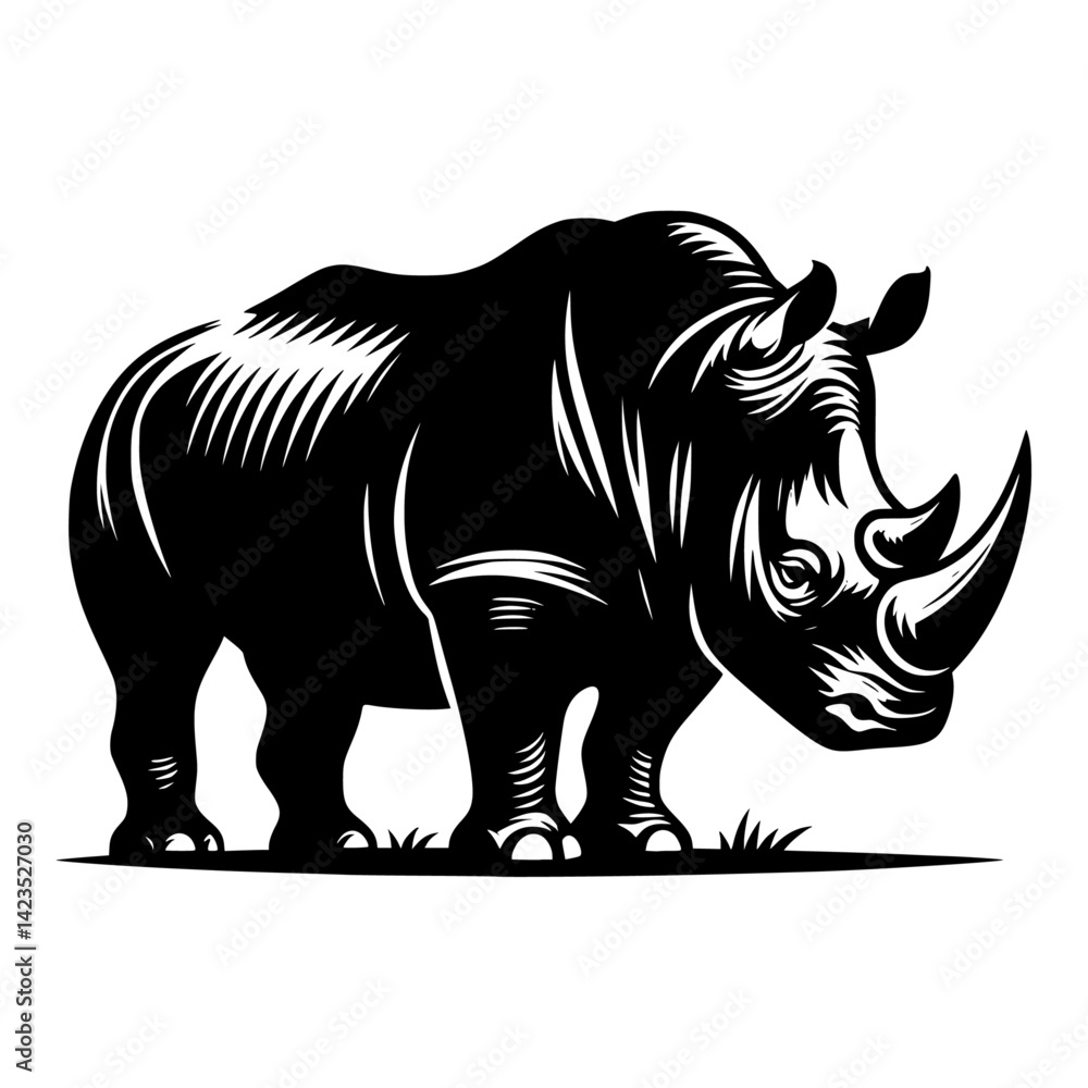 Obraz premium Black and white illustration, rhinoceros silhouette, minimalist design 