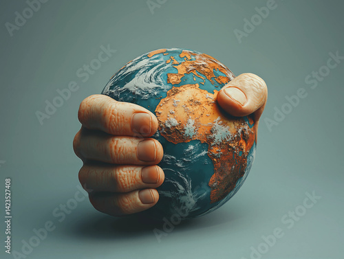 A hand firmly gripping the Earth, symbolizing power, control, and global unity on Labor Day.