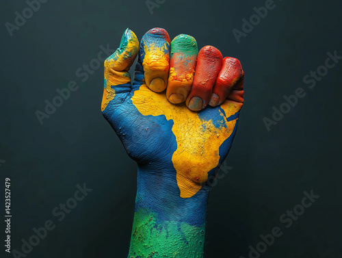 A raised fist with colorful paint representing Africa, symbolizing global labor unity and strength on Labor Day.
