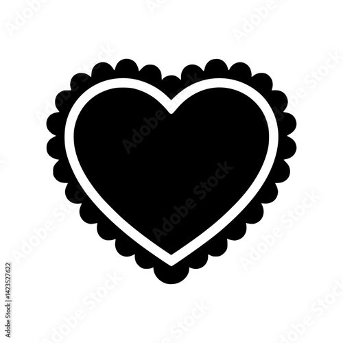 Black heart shape, scalloped edges, solid silhouette, graphic design 