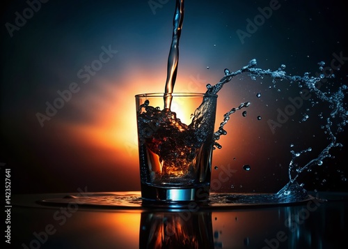 Silhouette of Water Pouring into Glass - Closeup Stock Photo