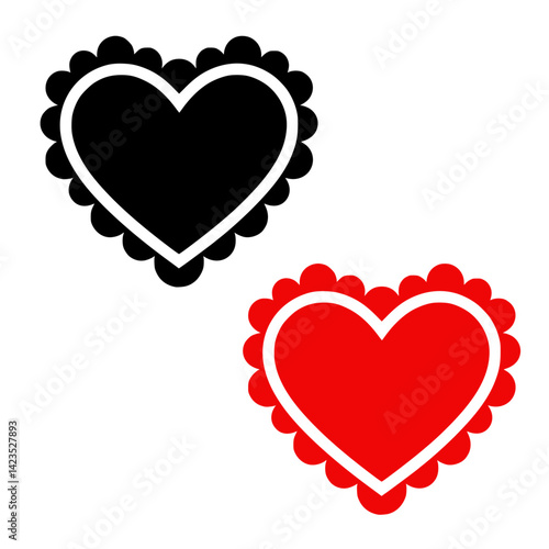 Black and red heart shape, scalloped edges, solid silhouette, graphic design