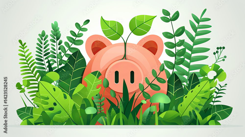 Obraz premium Flat Design Financial Growth with Green Plants Sprouting from Piggy Bank on White Background