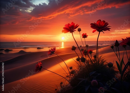 Silhouette of Red Flowers at Sunset on Sandy Beach