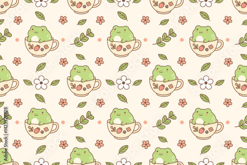Seamless kawaii pattern with cute green frogs sitting in teacups with leaves and flowers in soft pastel tones