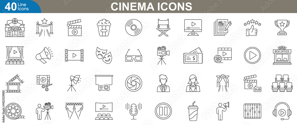 Cinema icons set. Flat design entertainment elements including film reel, movie screen, clapperboard, popcorn, movie ticket, director chair, projector, and more. Vector illustration Cinema icons set. Flat design entertainment elements including film reel, movie screen, clapperboard, popcorn, movie ticket, director chair, projector, and more. Vector illustration