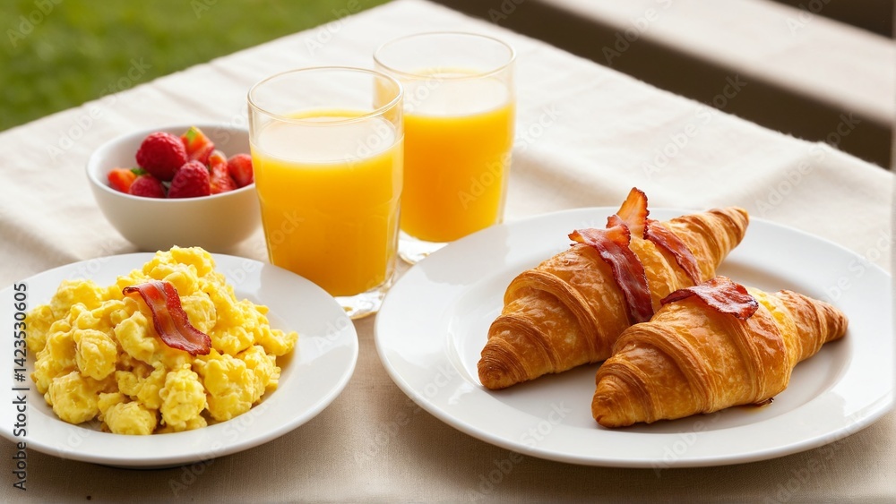 A delightful breakfast spread features fresh fruit, two glasses of orange juice, scrambled eggs, and crispy bacon-topped croissants. A delightful breakfast spread features fresh fruit, two glasses of orange juice, scrambled eggs, and crispy bacon-topped croissants.