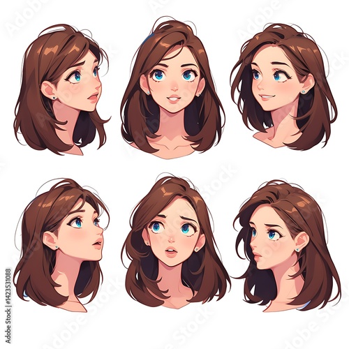 Pixel Art Portrait Of A Young Woman With Brown Hair And Blue Eyes Displaying Various Emotions
