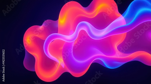 Abstract vibrant neon swirls of pink, orange, and blue, flowing dynamically against a dark background