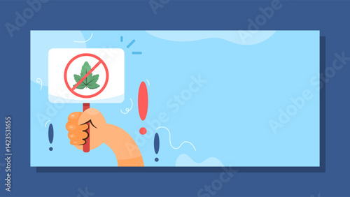 anti-drug movement banner. anti drug day concept. stop using narcotics. illustration of hand holding a board with a sign prohibiting the use of marijuana. horizontal blue background. elements