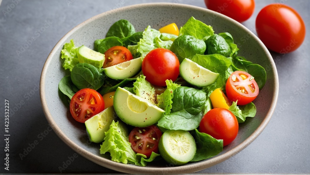 Fresh and Vibrant: A Nutritious Salad Bursting with Tomatoes, Avocado, and Leafy Greens for a Healthy and Delicious Meal. Fresh and Vibrant: A Nutritious Salad Bursting with Tomatoes, Avocado, and Leafy Greens for a Healthy and Delicious Meal.