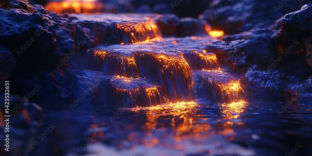 A glowing liquid waterfall cascading over glowing rocks A glowing liquid waterfall cascading over glowing rocks