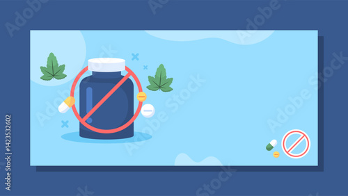 anti-drug movement banner. anti drug day concept. stop using narcotics. illustration of a medicine bottle with a prohibition sign and marijuana leaves. horizontal blue background. elements