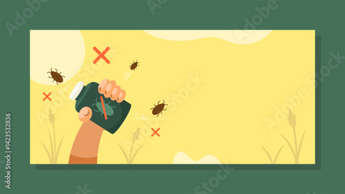 insecticide product banner. insecticide or pesticide to eradicate and eradicate plant pests. illustration of hand holding anti-pest medicine bottle. horizontal yellow background. element