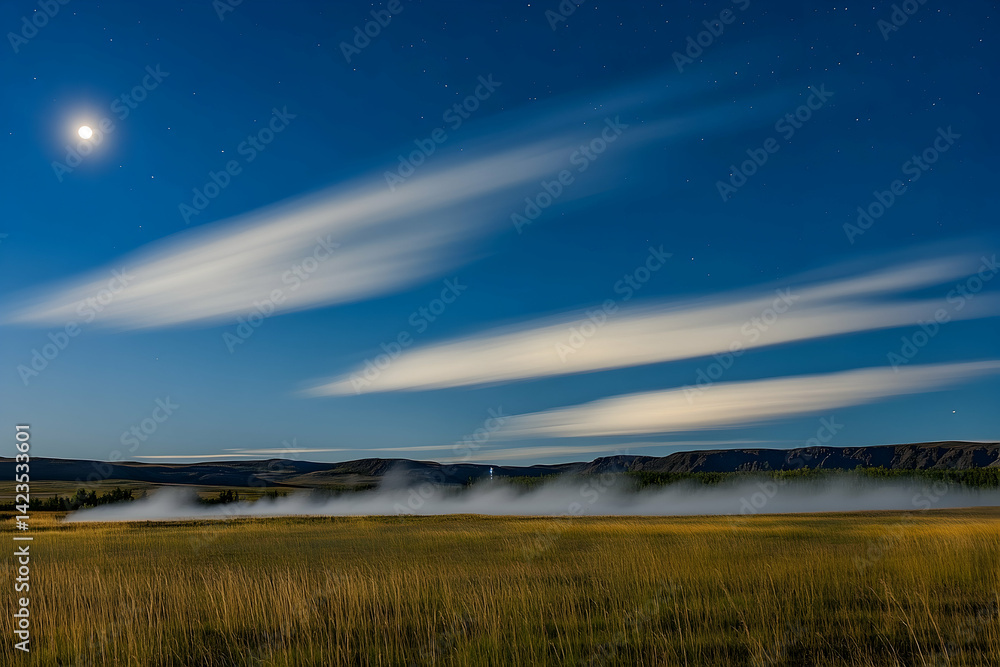 Obraz premium Serene Night Landscape with Moon Over Foggy Meadow and Distant Mountains Under Starry Sky