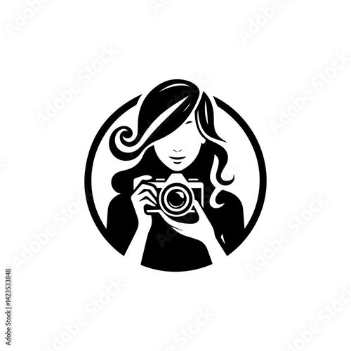 Stylized silhouette logo of woman holding camera, vector design symbolizing creativity and photography passion