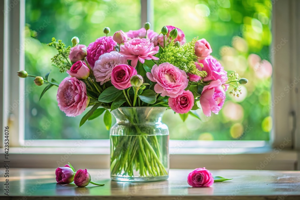 Serene Pink Flower Bouquet in Vase, Peaceful Floral Arrangement, Beautiful Blooms, Spring Flowers, Home Decor