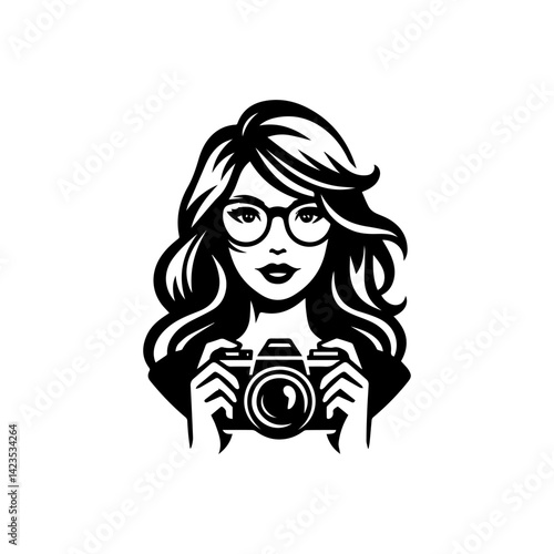 Stylized silhouette logo of woman holding camera, vector design symbolizing creativity and photography passion