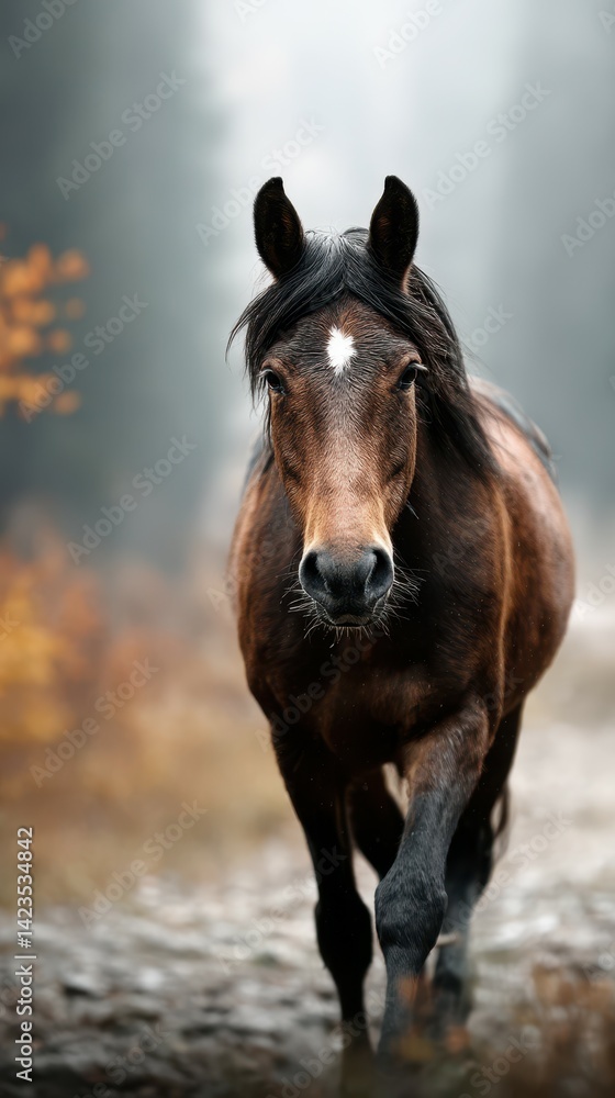 Majestic brown horse walking through a misty forest path during early morning light Majestic brown horse walking through a misty forest path during early morning light