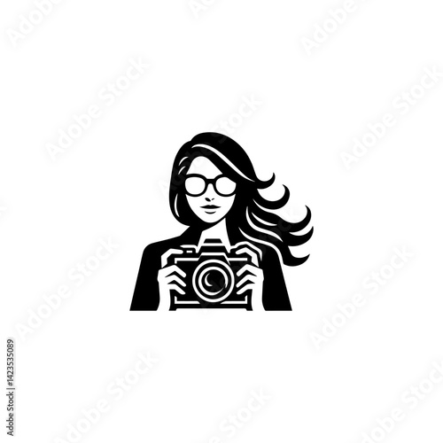 Logo design of woman with camera in silhouette style, minimal vector concept for modern photography branding