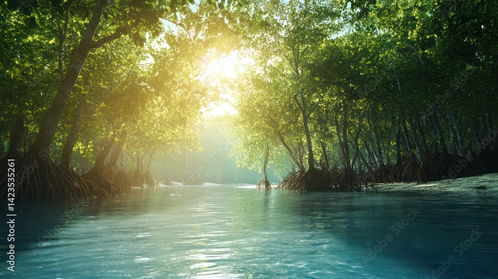 Obraz premium Forest river sunlight tranquil nature
