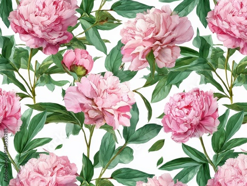 Elegant floral pattern featuring lush pink blooms and vibrant green foliage against a clean white backdrop, creating a soft, romantic aesthetic.