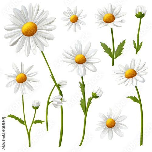 A Very Simple flat 2D icon of a Collection of daisy flower elements isolated on a transparent background, vector, flat design, simple flat 2D icon, eps