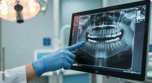 Dentist's Gloved Finger Points at Dental X-ray Displaying Teeth