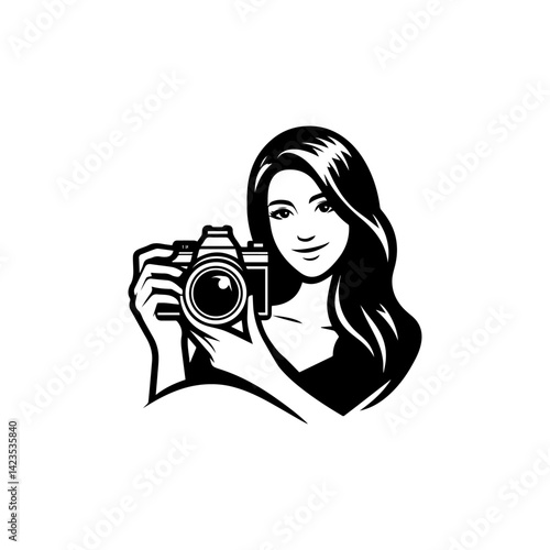 Silhouette woman holding a camera logo design in vector style, minimal and creative photography symbol 