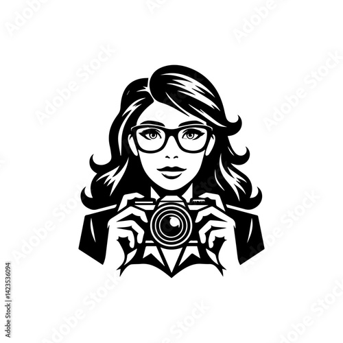 Elegant stylized silhouette of a woman gracefully holding a camera in a modern vector logo