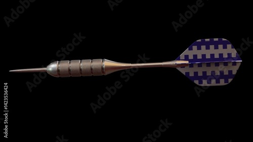 A single metal dart with a metallic flight flying through the air in slow motion on an isolated dark background. Alpha channel included.