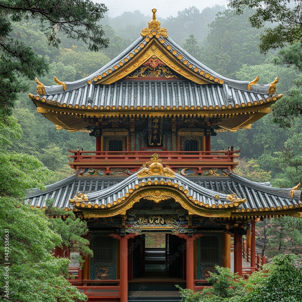 Intricate Japanese Temple Roof with Golden Detailing Intricate Japanese Temple Roof with Golden Detailing