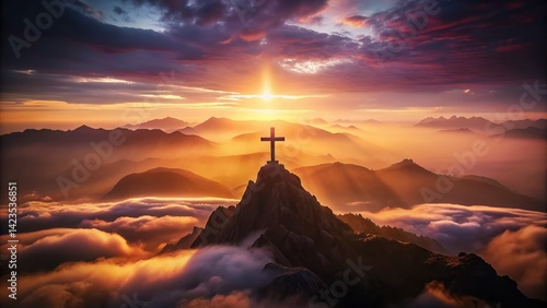 Serene Dawn: Silhouette of Cross on Mountain Peak with Clouds
