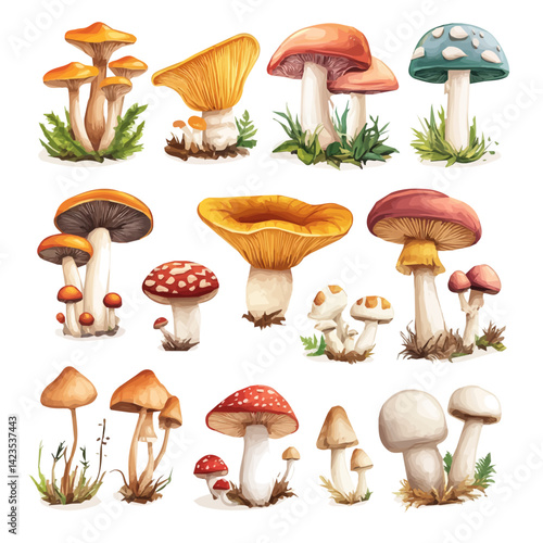 A Very Simple flat 2D icon of a Collection of forest mushroom elements isolated on a transparent background, vector, flat design, simple flat 2D icon, eps