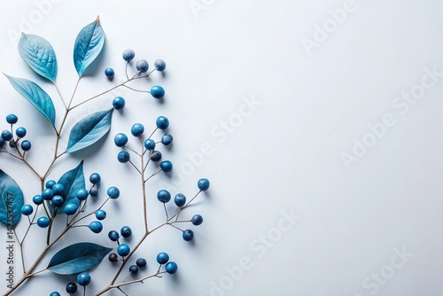 Serene Blue Leaves & Berries on White Background - Abstract Nature Photography