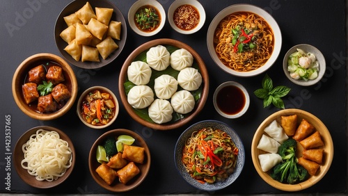 A Culinary Journey Through Asian Flavors: An Array of Dishes Ready to be Shared on a Dark Table.
