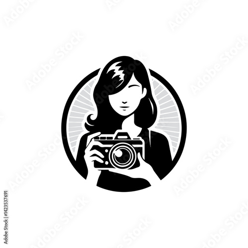 Modern vector logo featuring a sleek woman silhouette holding a camera symbolizing photographic vision and artistry