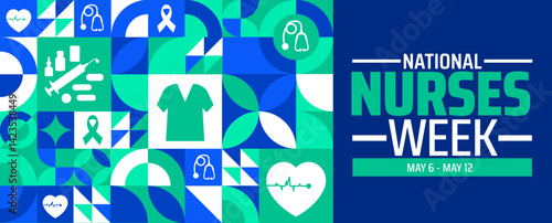 National Nurses Week Geometric shape pattern background banner or poster design template. observed every year in May. Holiday concept. Use to any Template, card, poster, placard, template.