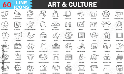 Art and culture line icons collection. Museum, history, buildings, music, entertainment icons. UI icon set. Thin outline icons set. Editable Vector Stroke, illustration EPS10