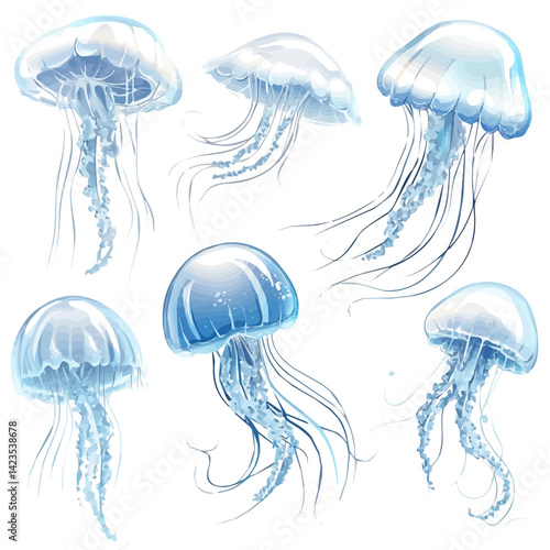 My Simple flat 2D illustration Collection of jellyfish isolated on a transparent background, vector, flat design, animation design, simple flat 2D icon, clipart