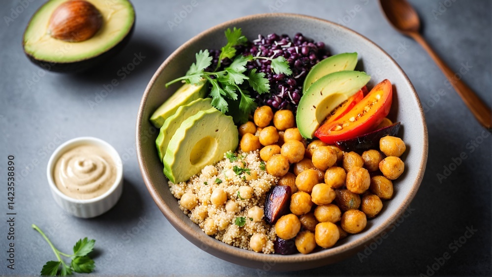 Vibrant and Nutritious Plant-Based Buddha Bowl Bursting with Fresh Flavors and Textures for a Delightful Culinary Experience. Vibrant and Nutritious Plant-Based Buddha Bowl Bursting with Fresh Flavors and Textures for a Delightful Culinary Experience.