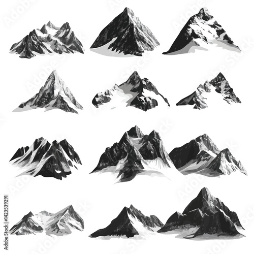 A Very Simple flat 2D icon of a Collection of mountain peak elements isolated on a transparent background, vector, flat design, simple flat 2D icon, eps format