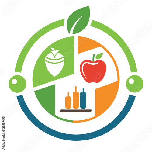 Vector logo design for a nutrition tracking app incorporating colorful elements representing food and health in a circular format